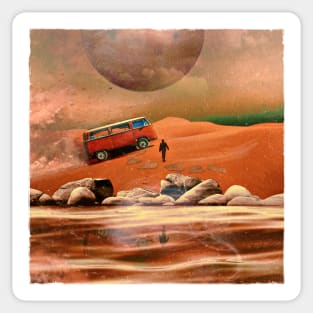 Surreal Science Fiction Alien Planet with Camper Van and Traveler Sticker